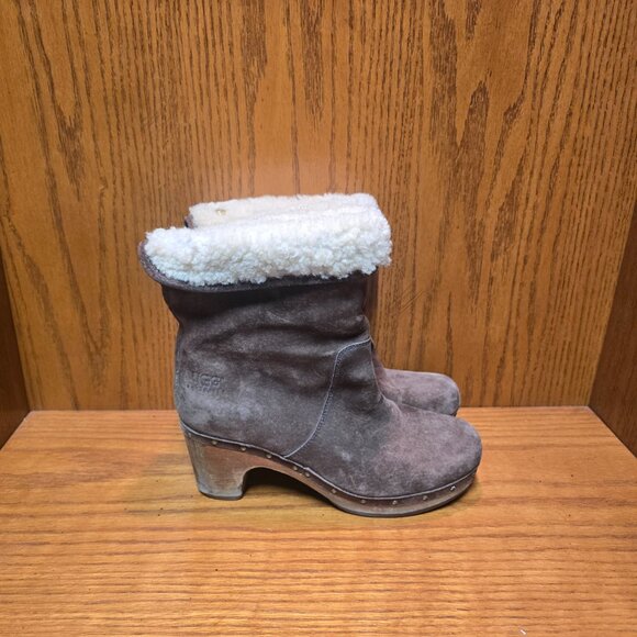 UGG Australia Lynnea Boots Womens Brown Suede Shearling Ankle Wood Clog Size 7 - Picture 3 of 10